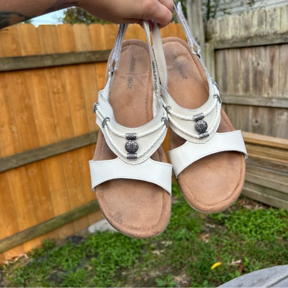 Minnetonka White and Tan Sandals with Crisscross Straps - Picture 8 of 10